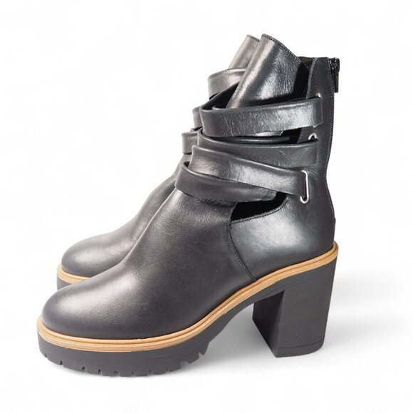 Free People Jesse Cutout Platform Chunky Heel Boots Women's 9/39.5 Black Leather - Picture 2 of 12